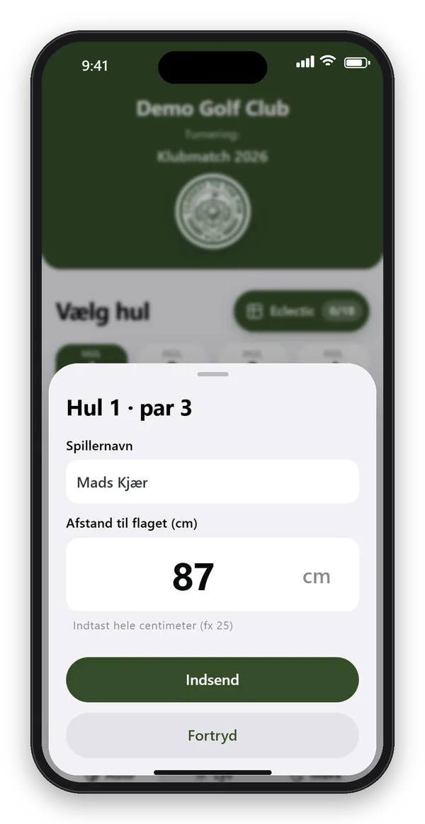 Indtastning i CTTP Golf-appen: spillernavn og afstand til flaget i centimeter på hul 1, par 3, og knappen Indsend