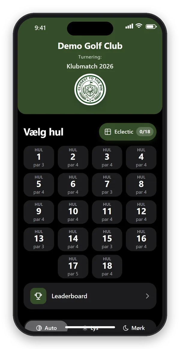 CTTP Golf-appen i mørkt tema med hulvalg og knap til leaderboard