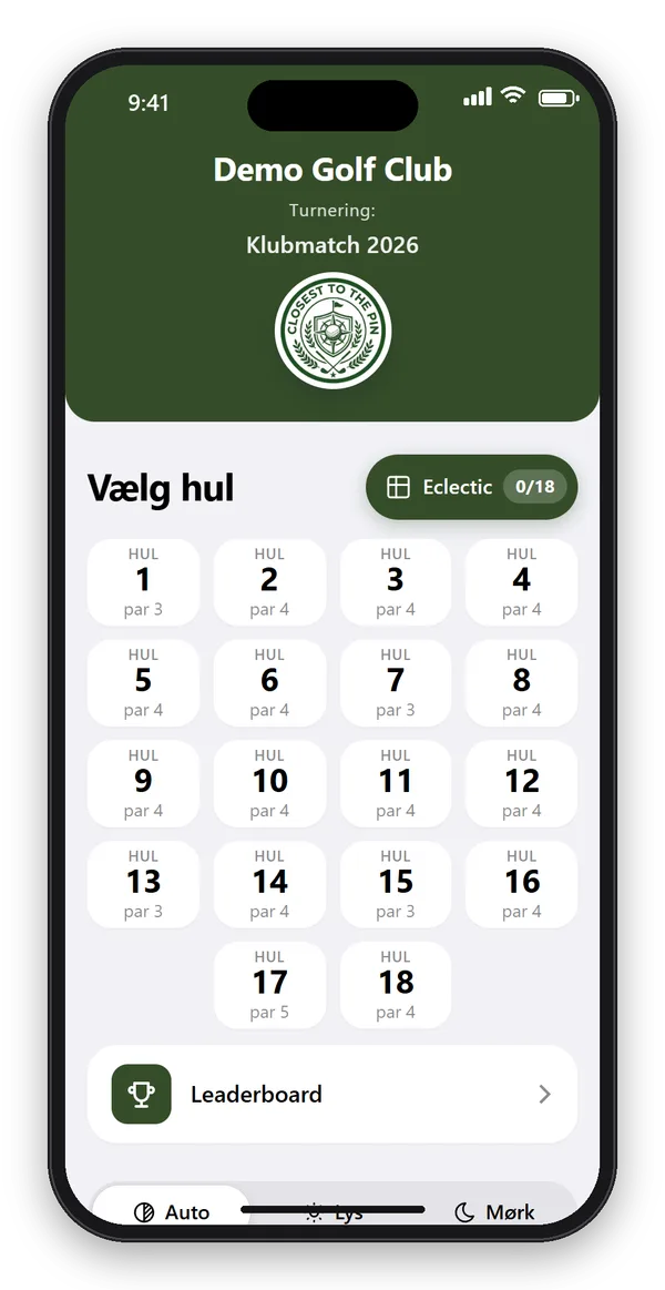 CTTP Golf-appen på en mobil: store knapper for hul 1 til 18 med par, i golfklubbens farver og logo