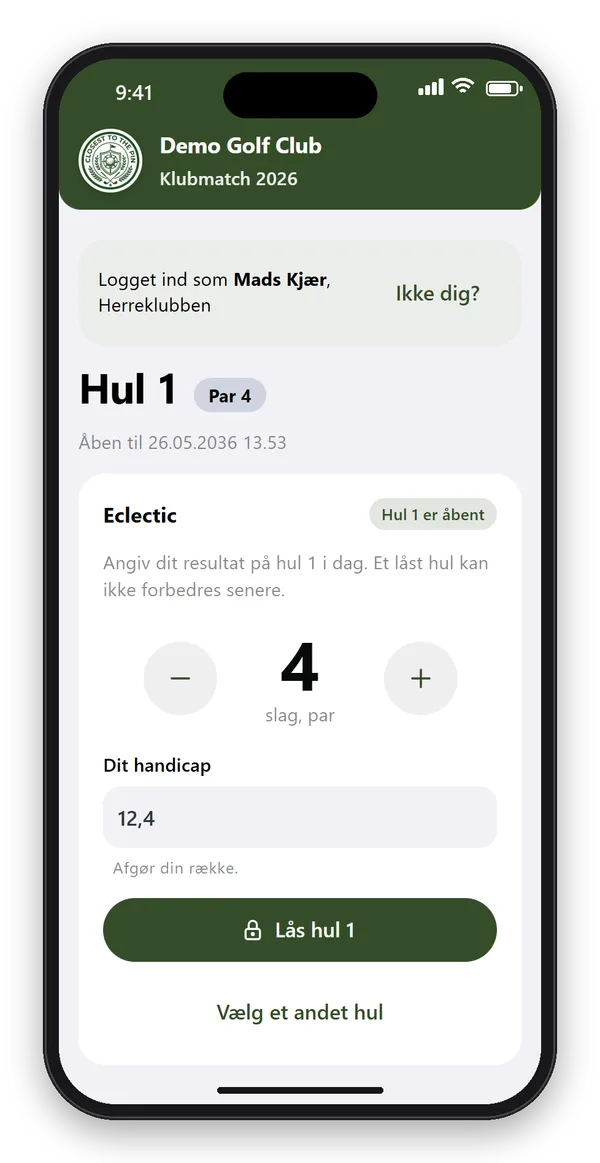 Lås et hul i eclectic: spilleren angiver 4 slag på hul 1, par 4, sit handicap og trykker Lås hul 1