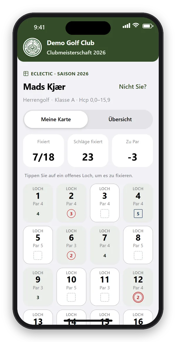 Eclectic-Scorekarte des Spielers in der App: 7 von 18 Löchern fixiert, 23 Schläge, 3 unter Par, Birdies mit Kreis markiert