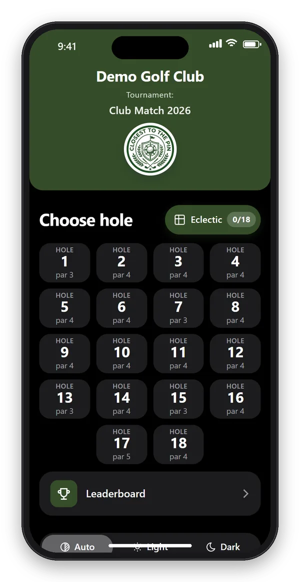 The CTTP Golf app in dark theme: hole buttons 1 to 18, the Leaderboard button and the Auto, Light and Dark switch