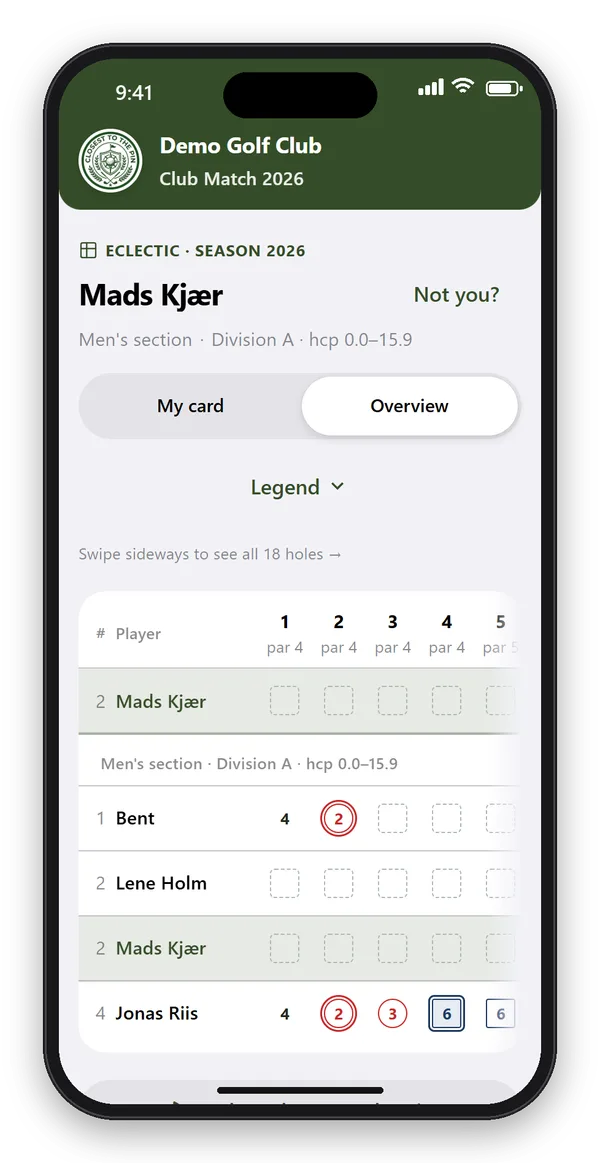 Eclectic field overview in the app: players in the Men's section, Division A, with their locked holes and the player's own row on top