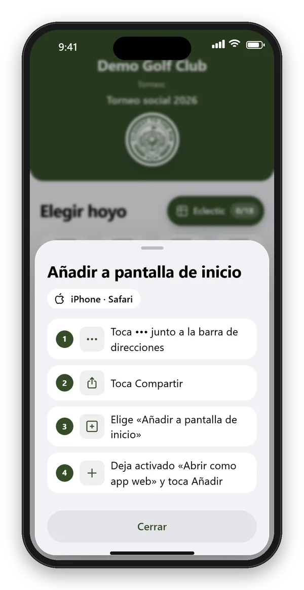 Guía en la app con cuatro pasos para añadir CTTP Golf a la pantalla de inicio de un iPhone con Safari