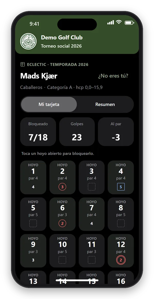 La tarjeta Eclectic de la app en tema oscuro