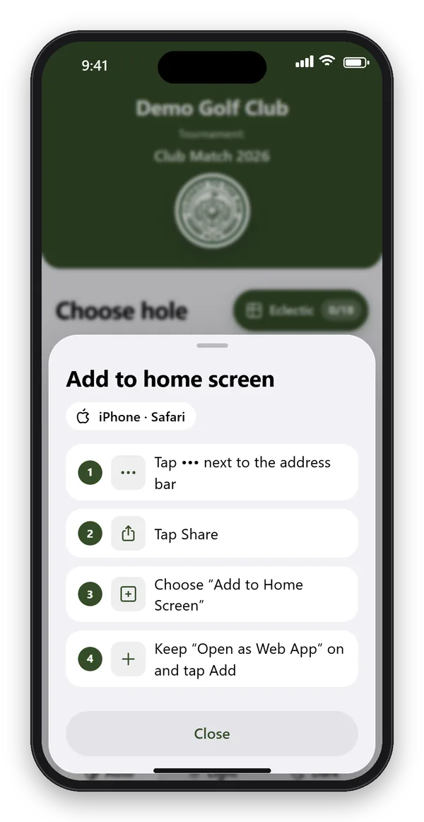 Guide en quatre étapes dans l'appli pour ajouter CTTP Golf à l'écran d'accueil d'un iPhone avec Safari