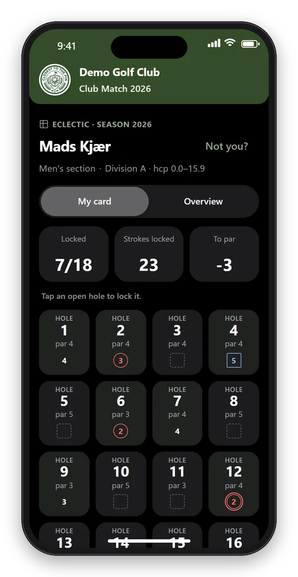 La carte Eclectic dans l'appli en thème sombre, avec les trous verrouillés et le score par rapport au par