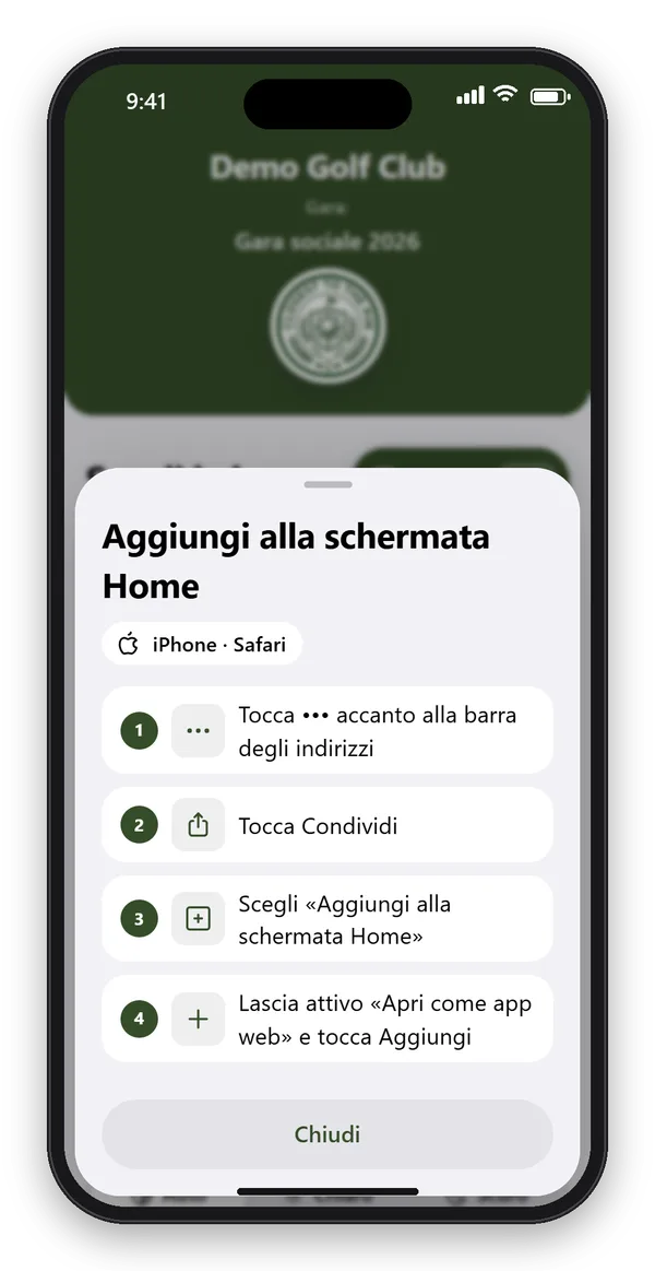 Guida nell'app in quattro passaggi per aggiungere CTTP Golf alla schermata Home di un iPhone con Safari