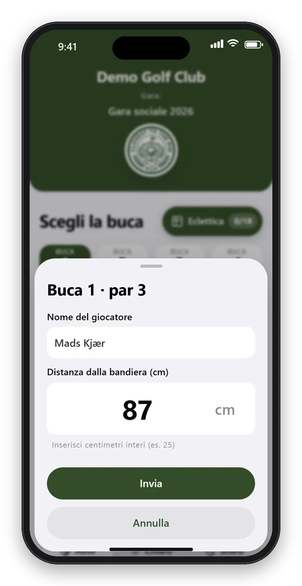 Inserimento nell'app CTTP Golf: buca 1, par 3, nome del giocatore e 87 cm di distanza dalla bandiera, con il pulsante Invia