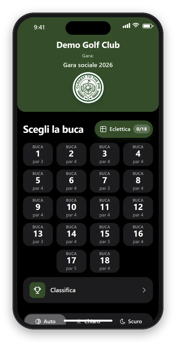 App CTTP Golf in tema scuro: scelta della buca, pulsante Eclettica e accesso alla classifica