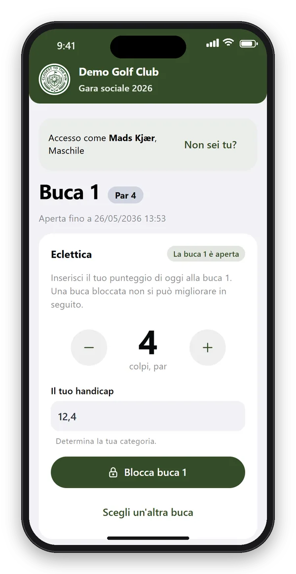Bloccare una buca nell'Eclettica: 4 colpi alla buca 1, par 4, handicap 12,4 e il pulsante Blocca buca 1
