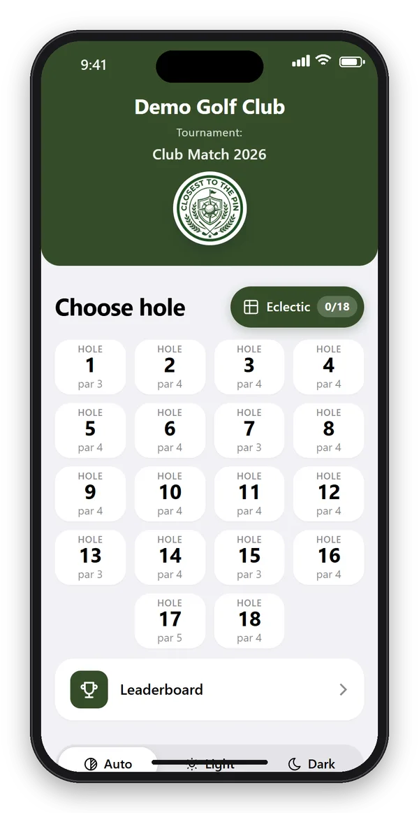 CTTP Golf-app op een mobiel: Demo Golf Club met grote knoppen voor hole 1 tot 18 met par, in de kleuren en het logo van de club