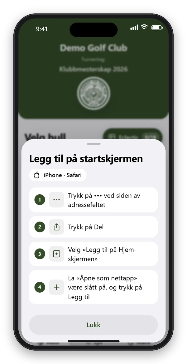 Guide i appen med fire steg for å legge CTTP Golf på startskjermen på en iPhone med Safari