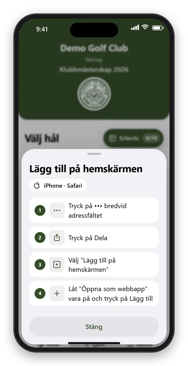 Guide i appen med fyra steg för att lägga CTTP Golf på hemskärmen i en iPhone med Safari