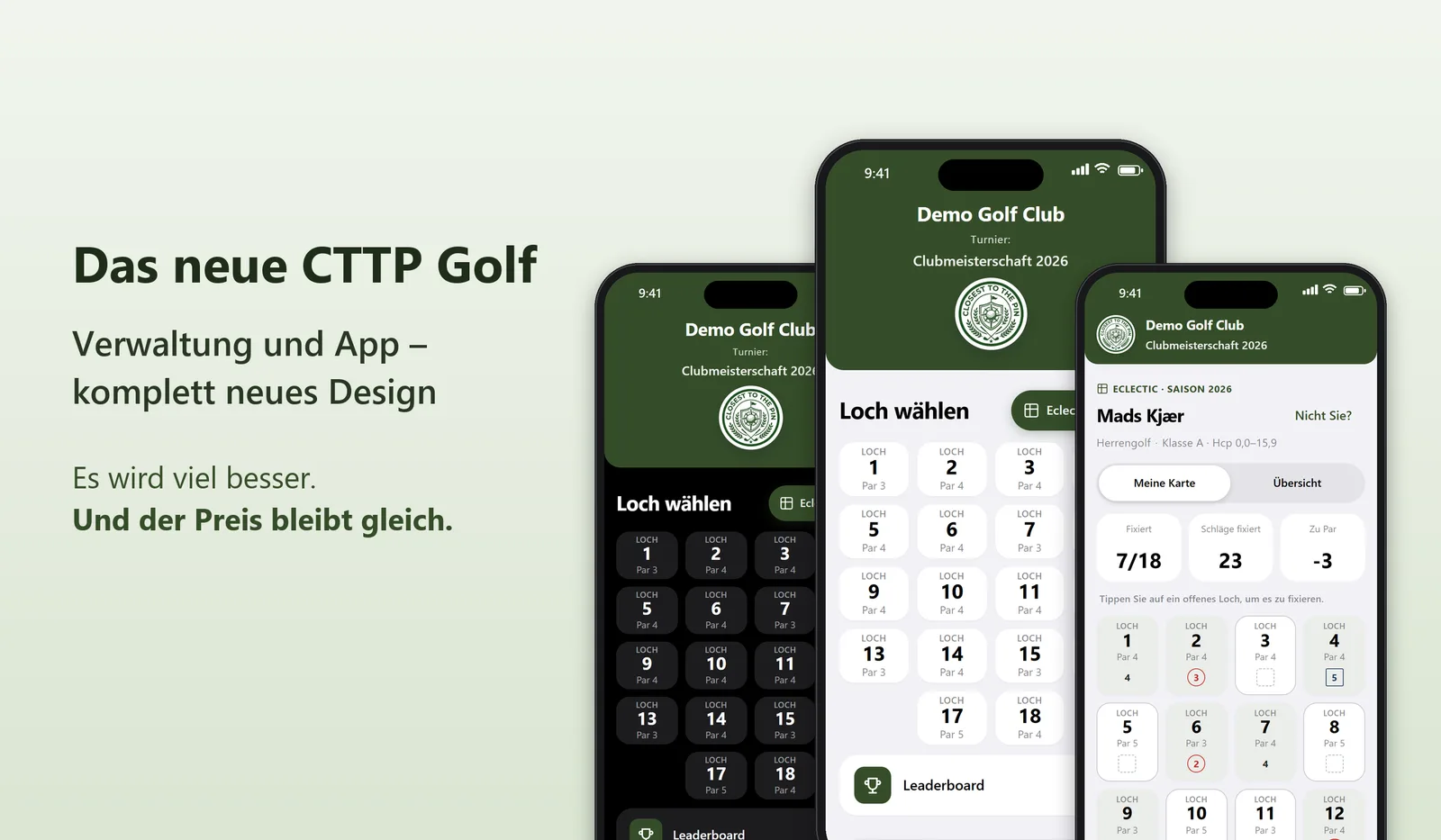 Das neue CTTP Golf: drei Smartphones mit der neuen App im hellen und dunklen Design und der Eclectic-Scorekarte. Der Preis bleibt gleich