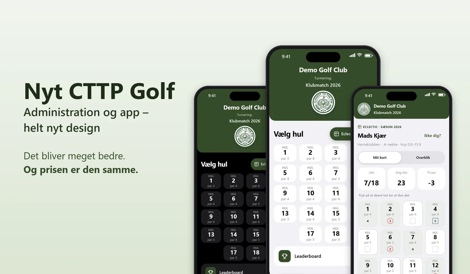 Nyt CTTP Golf: tre mobiler med den nye app i lyst og mørkt tema og eclectic-scorekortet. Samme pris som før